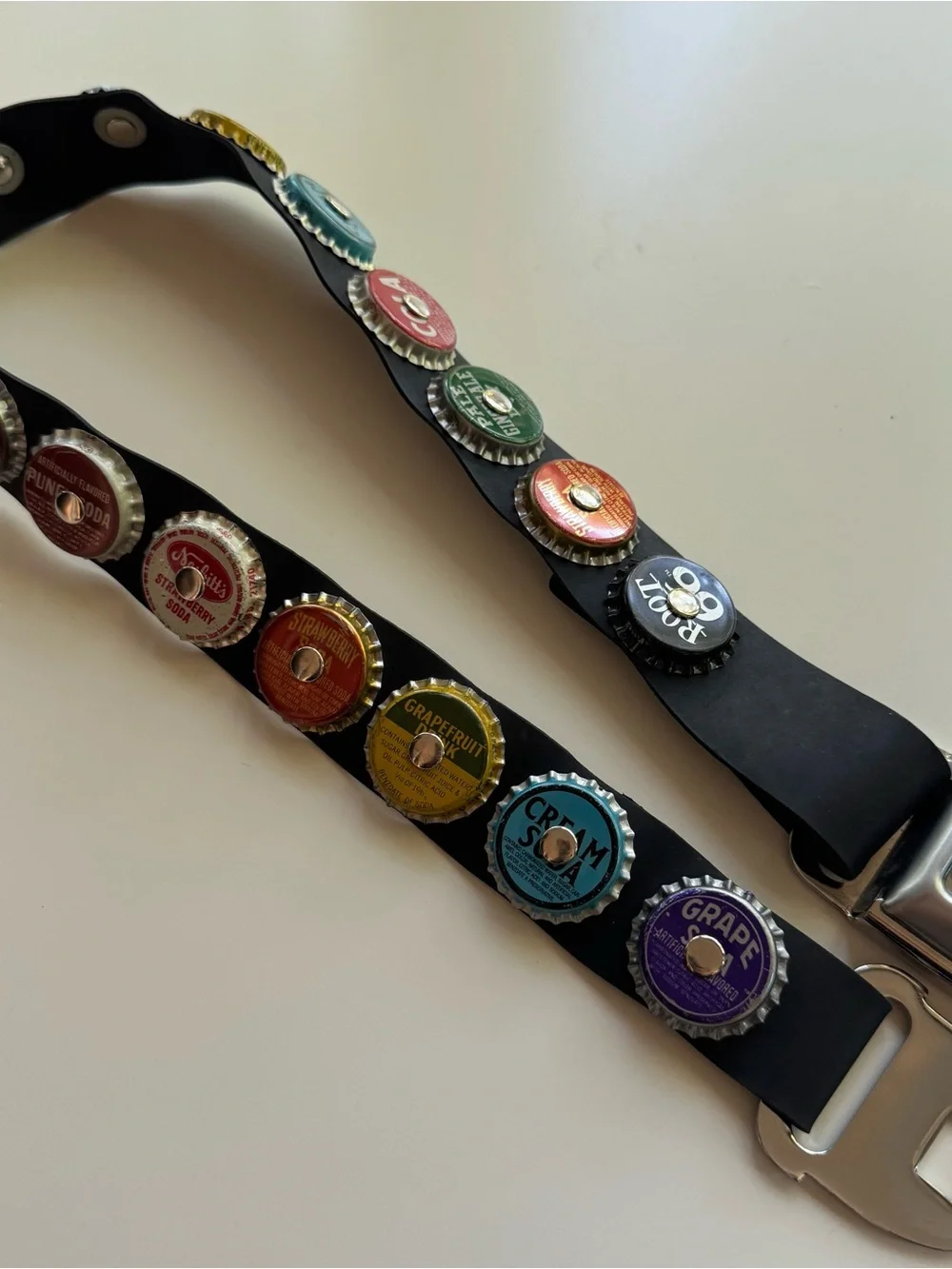 Vintage Y2K LittlEarth Black Seatbelt Belt with Soda Pop Caps Womens 28” S